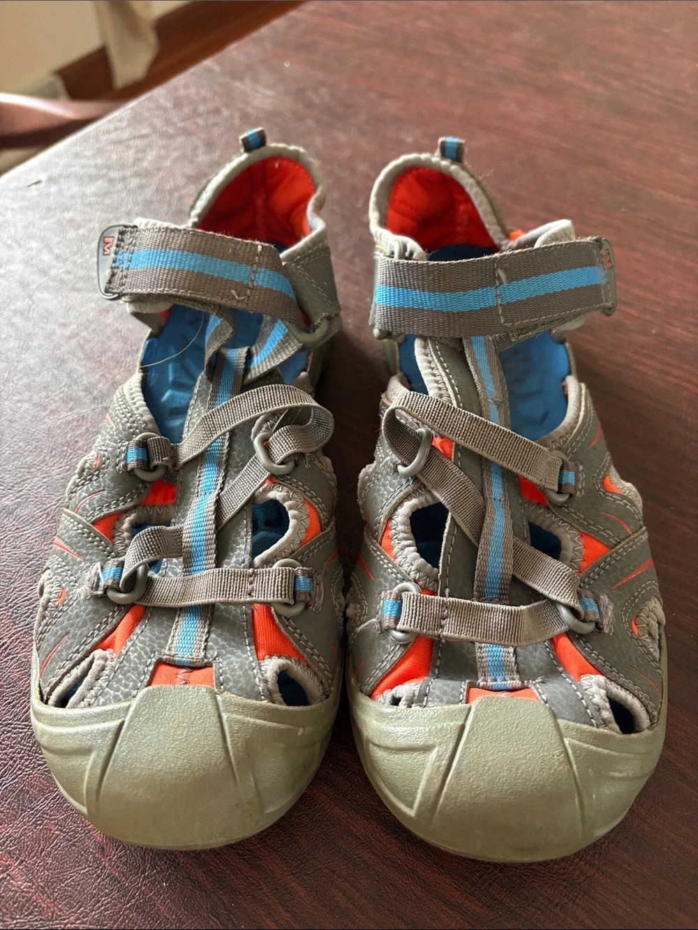Merrell Kids Gray Sandals with Orange and Blue Accents
